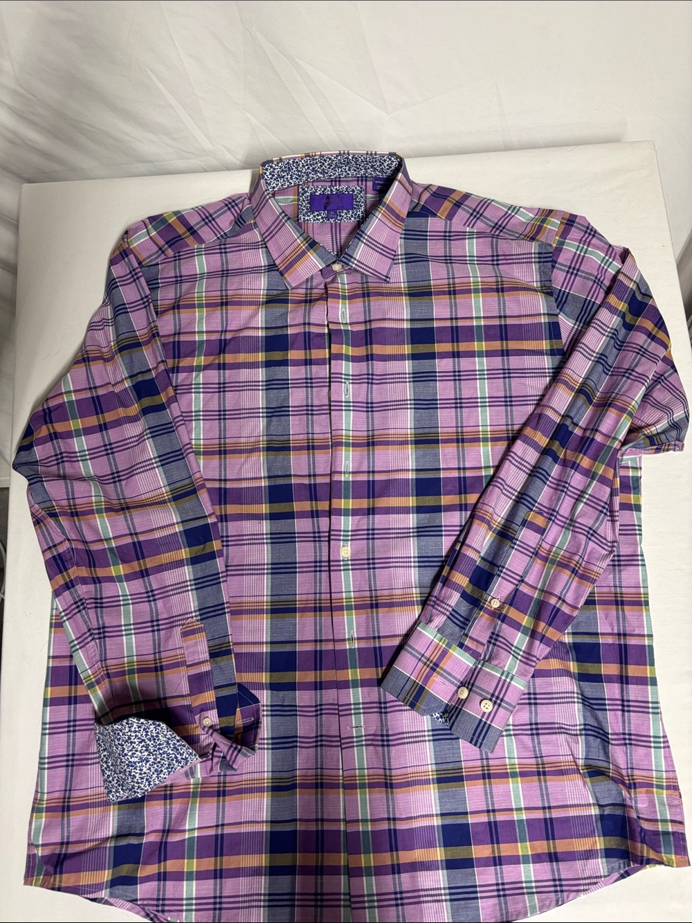 Tallia Est. 1893 Men's XL 17.5 Purple Plaid Button Front Dress Shirt 100% Cotton
